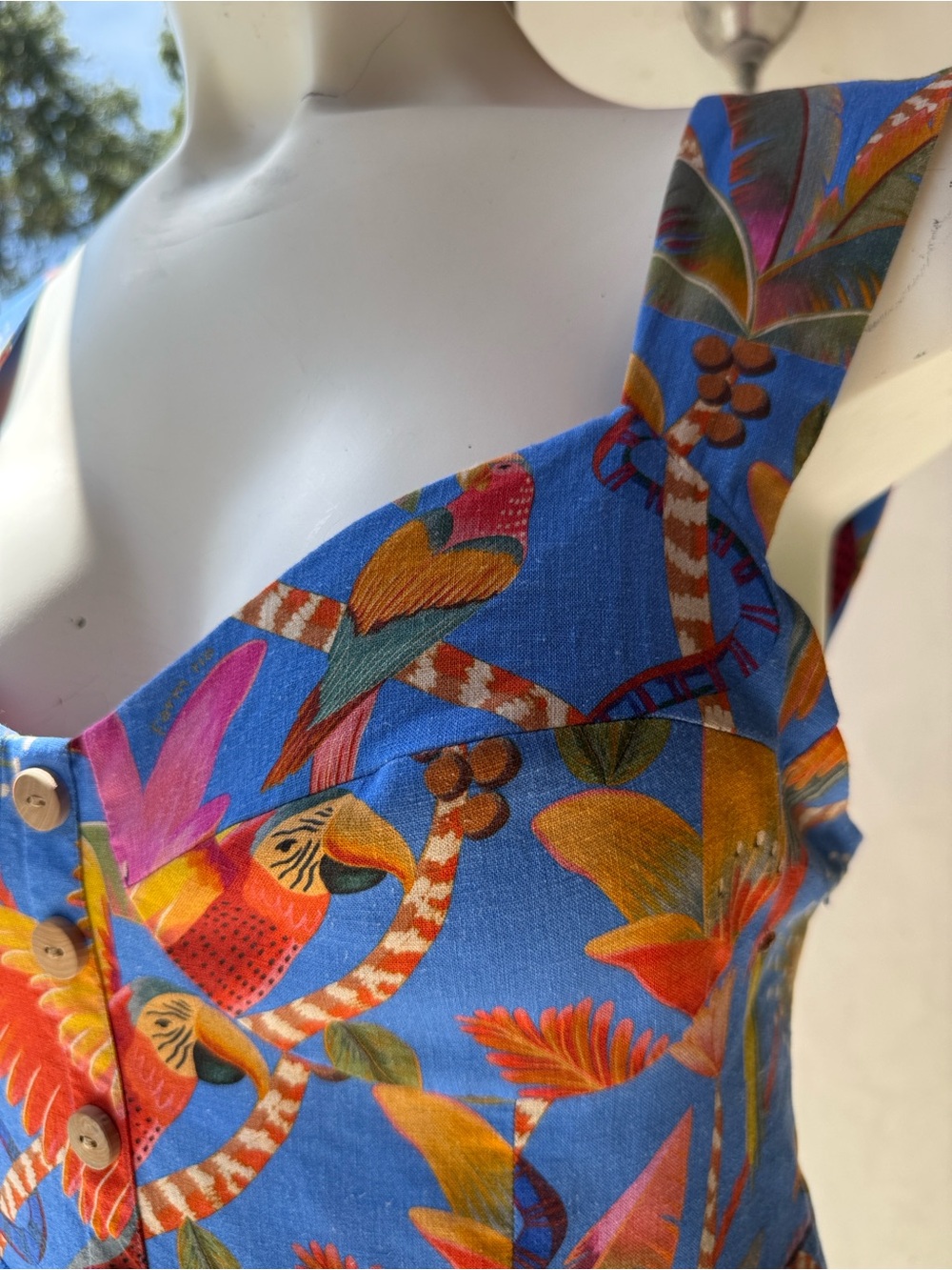 Farm Rio dress mini Blue pockets Tropical parrots Sundress linen-Ruffle hem - XL - Picture 8 of 17